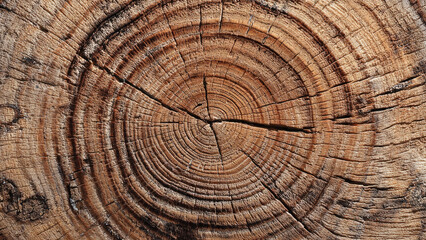Naklejka premium Rustic tree trunk cross-section with distinct annual growth rings and natural cracks, highlighting organic wood texture and age.