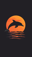 Silhouette of dolphin jumping over ocean waves with orange sunset background minimal vector illustration nature marine wildlife concept