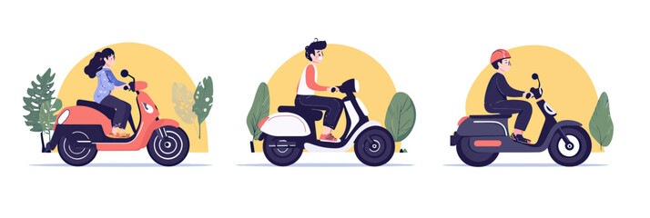 Electric scooters with three diverse riders riding eco friendly urban electric scooter transportation flat vector illustration