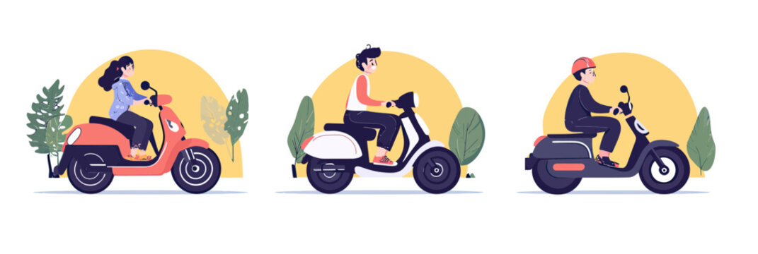 Electric scooters with three diverse riders riding eco friendly urban electric scooter transportation flat vector illustration