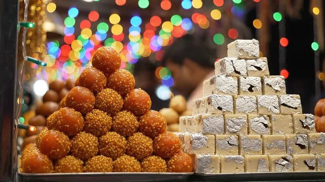 Vibrant Indian Street Food Market Display Featuring Sweet Laddu and Barfi Desserts Illuminated by Festive Bokeh Lights