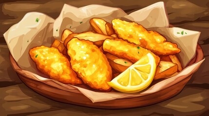 Delicious Fish and Chips dish with lemon on wooden plate