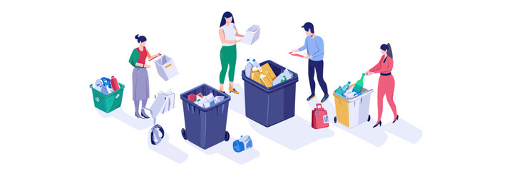 Isometric people sorting recyclable plastic paper glass trash into separate bins flat minimalist vector illustration environmental waste management concept