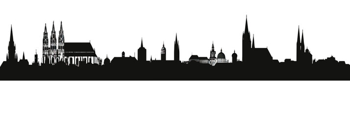 Black silhouette skyline of Munich city featuring iconic historical buildings and churches in flat minimalist vector style for travel and architecture design concept