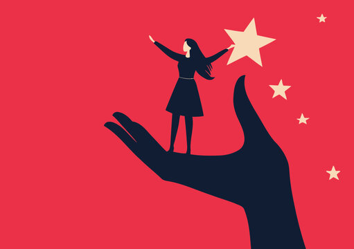 Businesswoman standing on large hand holding star with additional stars floating on red background symbolizing success achievement recognition and empowerment concept in flat vector style