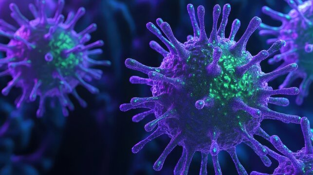 Detailed 3d illustration of microscopic virus particles showing spiky structures with glowing details in a dark blue background