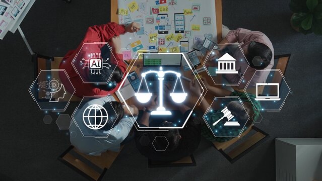 A diverse group of professionals collaborates in a modern workspace, utilizing technology to discuss innovative legal solutions, emphasizing data analysis and teamwork. Raster