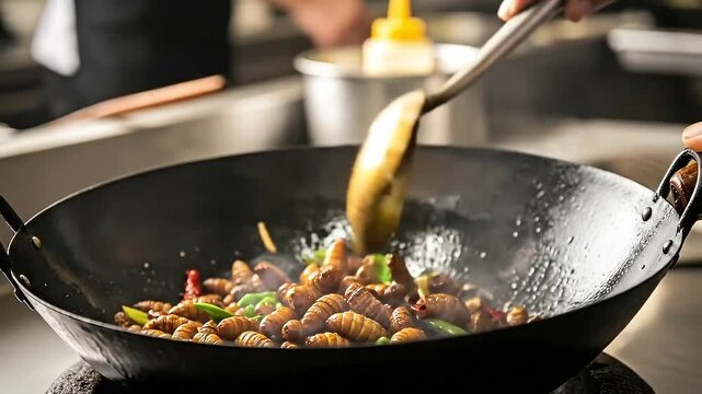 Wok Cooking Close Up with Stir Fried Worms Silkworm Pupae Recipe from China Traditional Cuisine with Chili Peppers and Greens at Commercial Kitchen Under Bright Lights