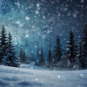 Blue winter night sky with falling snowflakes and Christmas stars holiday background