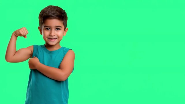One adorable Muslim little boy flexing muscles on empty green screen background. Child shows tiny biceps chroma key. Copy space