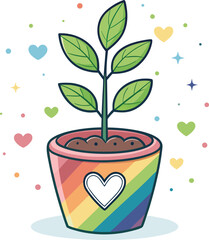 Naklejka premium A vibrant potted plant with green leaves in a rainbow-colored pot adorned with a white heart, symbolizing growth, love, and diversity