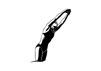 Female swimmer in silhouette preparing to dive with goggles