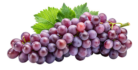 Fototapeta premium A vibrant cluster of red grapes, adorned with fresh green leaves, rests elegantly isolated on transparent background, showcasing their natural beauty and inviting a taste of their sweet, juicy flavor