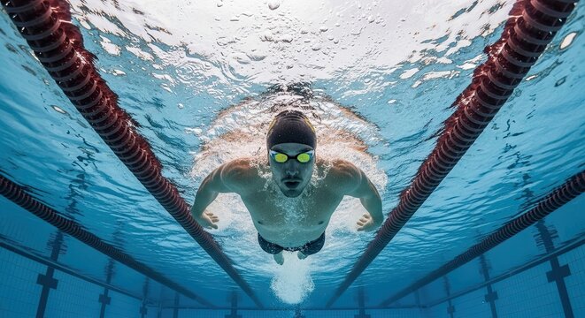 Powerful male athlete swimming in a competition pool, viewed from an immersive underwater angle as he moves with focus and determination between the lane lines