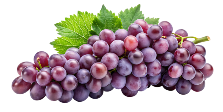 A vibrant cluster of red grapes, adorned with fresh green leaves, rests elegantly isolated on transparent background, showcasing their natural beauty and inviting a taste of their sweet, juicy flavor