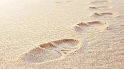 Footprints left in fine sand marking a path across a beach with delicate impressions