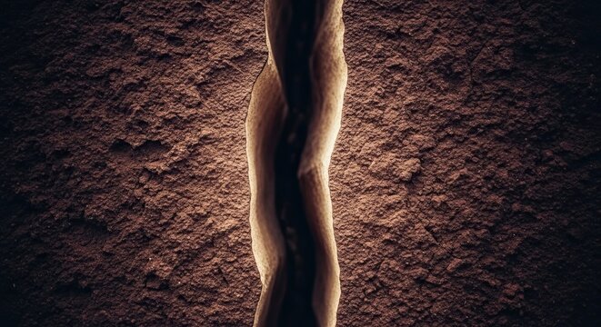 A glowing, twisted root divides a dark, textured background of rich soil in this dramatic and mysterious abstract nature photograph with cinematic lighting