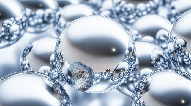 Gleaming chrome spheres of varying sizes some dented reflecting a rough textured object within the largest central sphere creating a visually striking abstract composition