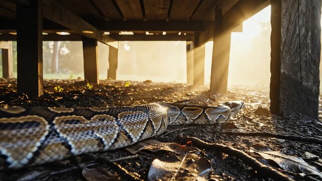 Python slithering under a wooden structure in the sunlight