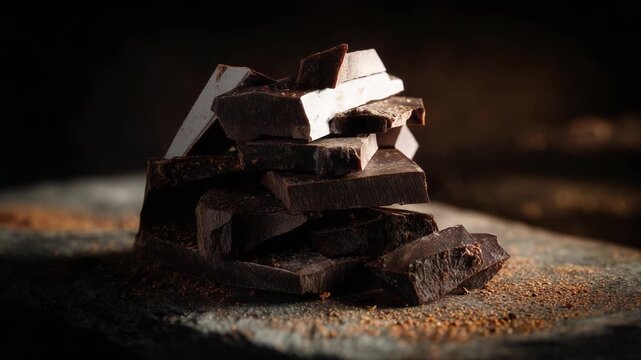 Delicious dark chocolate pieces stacked on a rustic surface for a treat