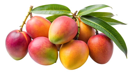 Fototapeta premium A vibrant cluster of ripe mangoes, showcasing their smooth, colorful skin ranging from deep reds and oranges to sunny yellows, complemented by fresh green leaves, isolated on transparent background