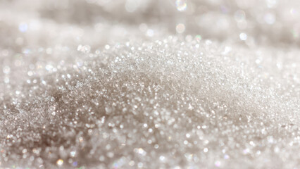 A dazzling close-up of sparkling white granular crystals, likely sugar or salt, with a soft, bokeh background.