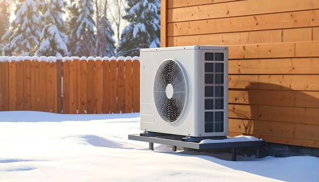 Modern heat pump unit outside a wooden house in winter.