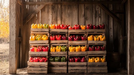Fresh colorful peppers in wooden crates on display
