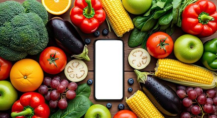 Fresh Vegetables and Fruits Arranged Around Phone