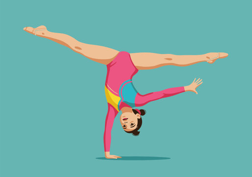 Graceful gymnast performing handstand in colorful leotard on aqua background
