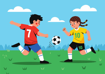 Obraz premium Kids playing soccer on a sunny day in cartoon style