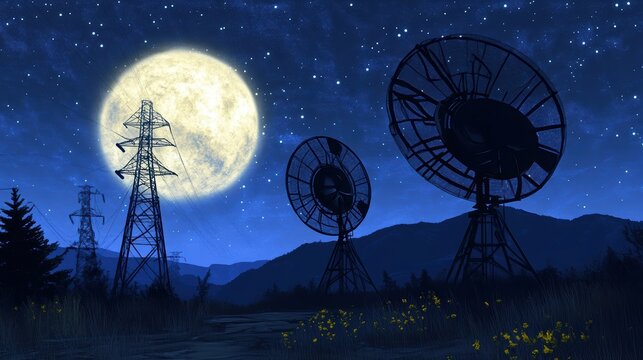 Large radio telescope dishes and electrical towers stand silhouetted against a bright full moon and starry night sky in a remote mountainous area
