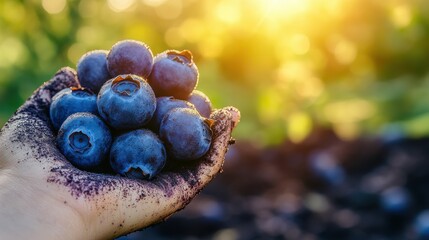 Hand holding handful of freshly picked blueberries in sunlight