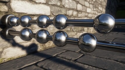 Gleaming silver abacus beads meticulously arranged on metal rods with a stone wall background
