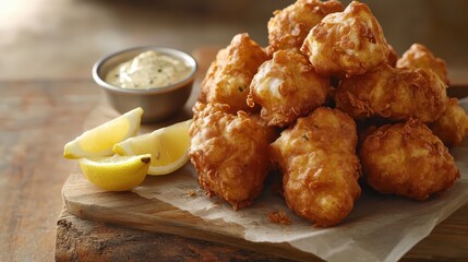 Golden Fried Fish and Chips with Lemon and Tartar Sauce