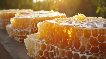 Honeycomb sections with dripping amber honey glistening