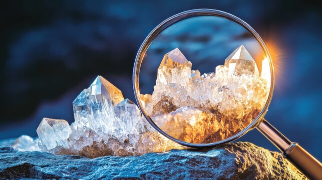 Magnifying Glass Revealing Intricate Crystals on a Rough Stone