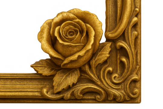 Golden baroque frame corner with carved rose and ornate floral scroll decoration on transparent background