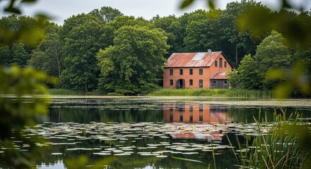 A historic red brick building with a rusty roof stands on the shore of a tranquil lake covered in lily pads, surrounded by a lush green forest on a serene summer day
