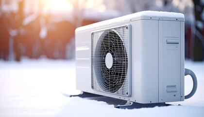 Outdoor heat pump unit in winter snow.