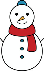 A simple charming cartoon illustration of a cheerful snowman wearing a red scarf and blue hat perfect for winter and holiday designs