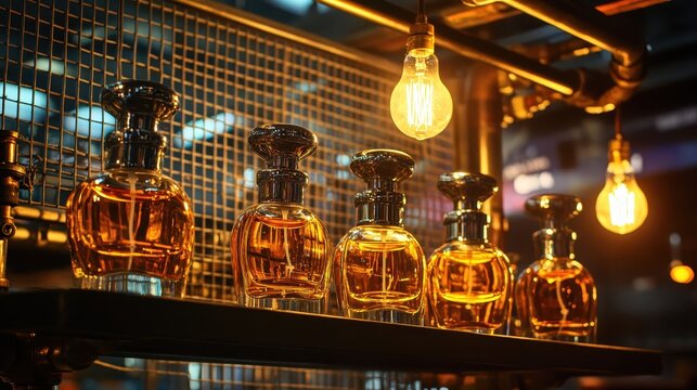 Perfume bottles on a shelf with industrial-style lighting display