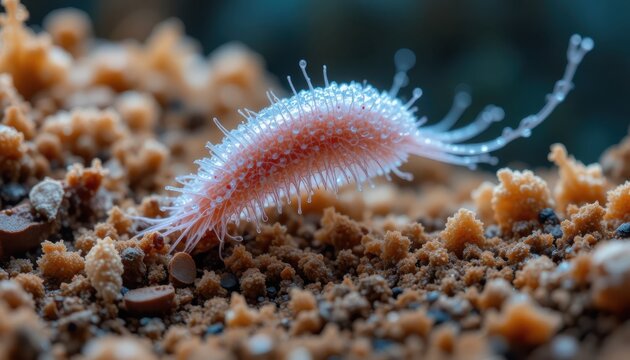 Captivating close-up of a mysterious pink marine worm with intricate details resting on seabed