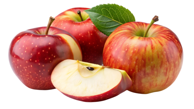 A vibrant cluster of ripe red apples one sliced to reveal its crisp white flesh and seeds isolated on transparent background