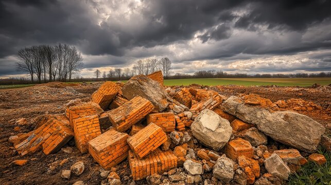 Piles of broken bricks and rubble sit in a debris field under a dramatic stormy sky