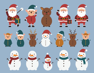 Delightful collection of festive Christmas characters, featuring joyful Santa Claus, playful elves, cute reindeer, and classic snowmen, perfect for holiday vector designs and winter projects