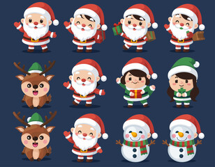 Charming Christmas character illustrations Santa Claus, reindeer, elves, snowmen. Adorable vector set for festive holiday designs and seasonal projects