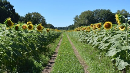 Rows of sunflowers blooming in a field on a bright sunny day