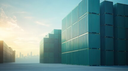 Stacked Green Shipping Containers Under a Clear Blue Sky