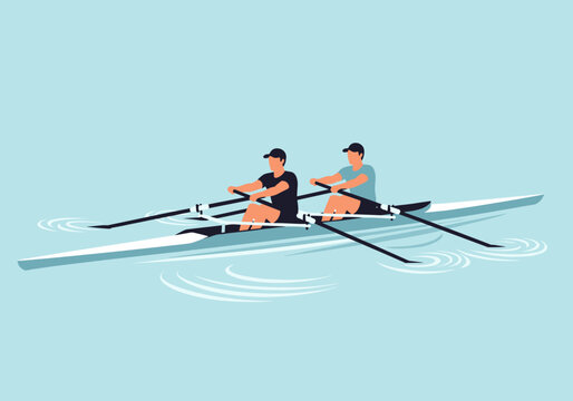 Minimalist design of two athletes rowing in synchrony on aquatic surface